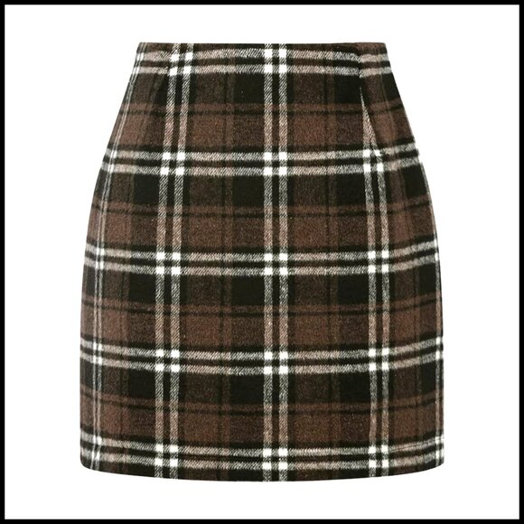 High Waisted Plaid Mini Skirt Bodycon Fit Elastic Waist Above Knee